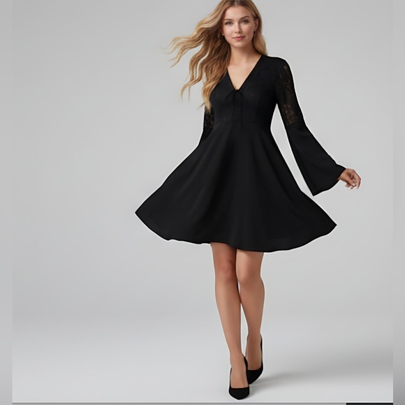 Guipure Lace Insert Flounce Sleeve Knot Front Dress - Picture 3 of 6